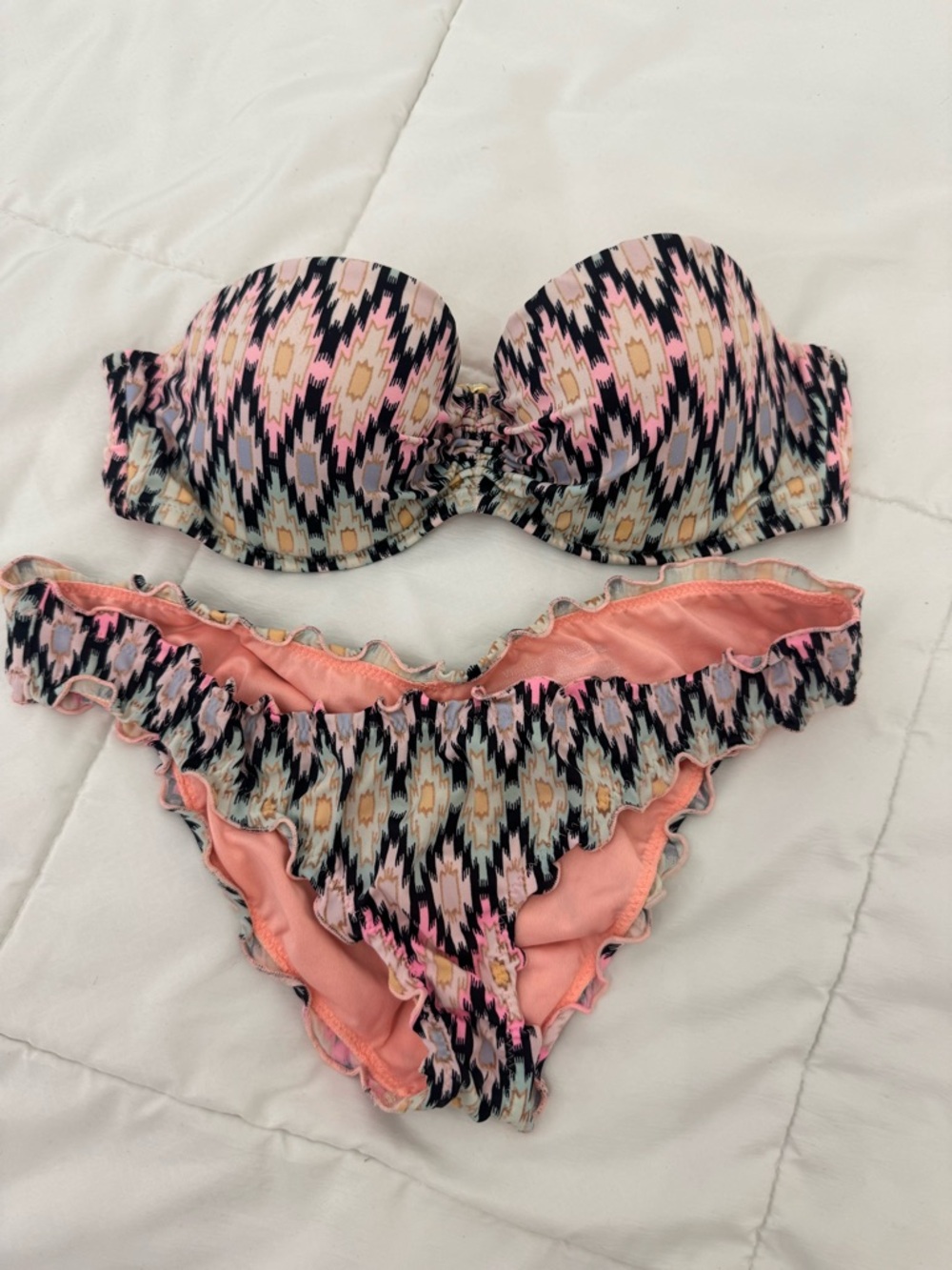 Victoria Secret Patterned Bikini Set in Peach and Black